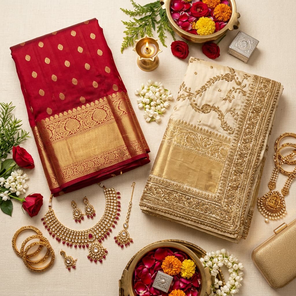 Premium Folded Silk Sarees Flatlay